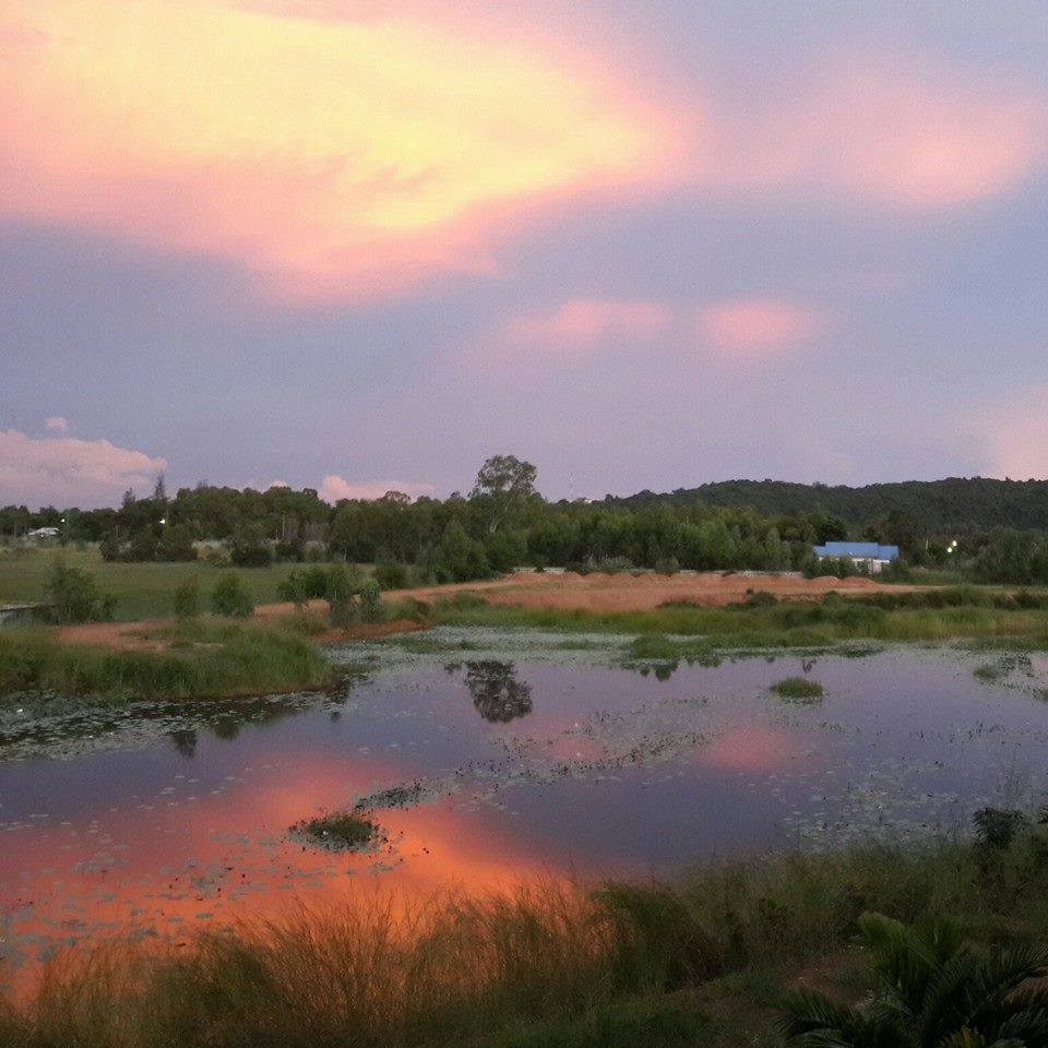Le soir tombe sur un marais de Buriram